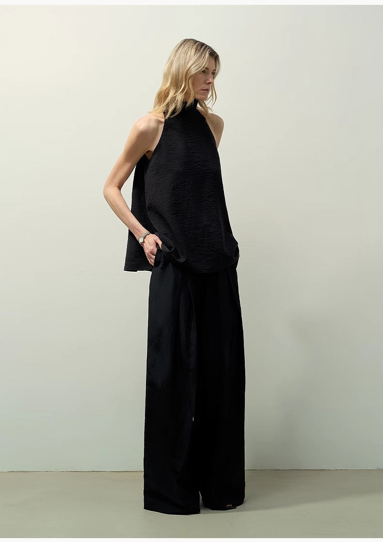 Silk Linen Pleated Wide Leg A-Line Trousers Casual Pants