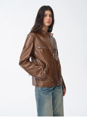 New Zealand imported waxed sheepskin/cowhide vintage motorcycle leather jacket "Manhattan Dark Night"