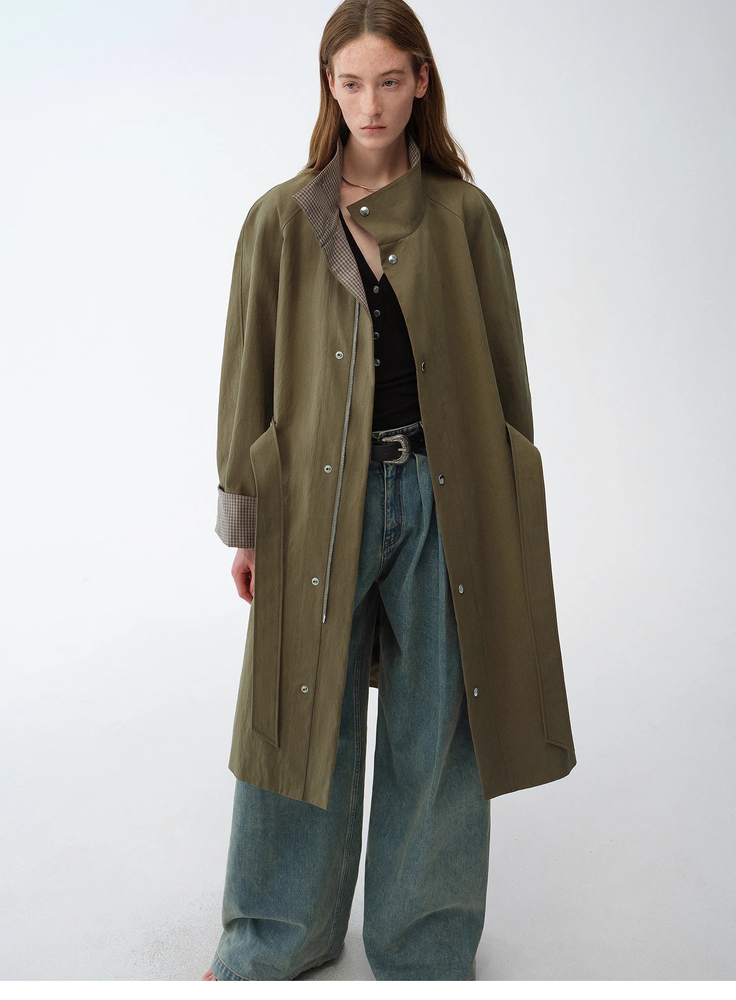 "Urban Island" Retro Plaid Mid-Length Workwear Lapel Trench Coat