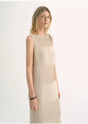 Original design handmade pleated straight sleeveless boat neck dress