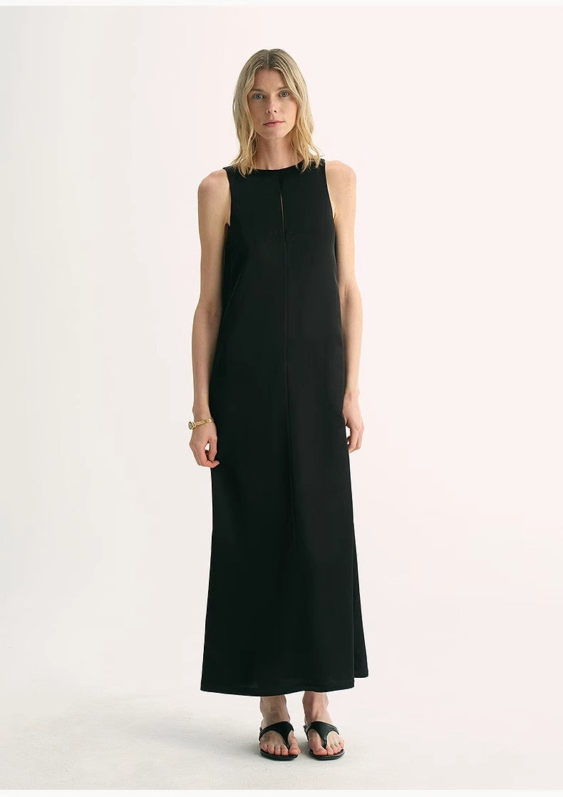 "Corridor Stride" skin-friendly and delicate imported acetate wool slimming hollow neckline A-line dress