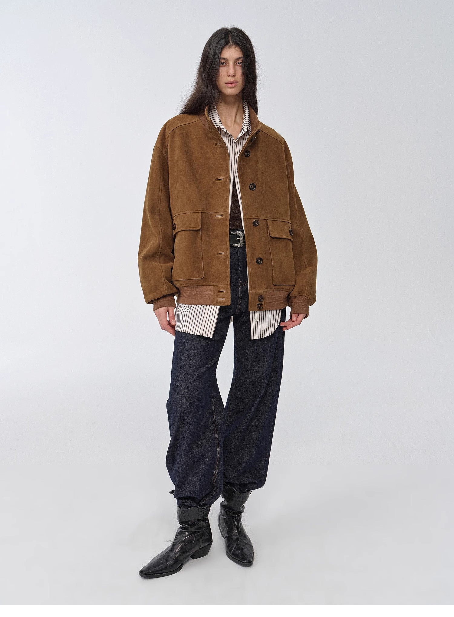 Vintage imported suede sheepskin leather ribbed patchwork jacket "Spring Whisper"