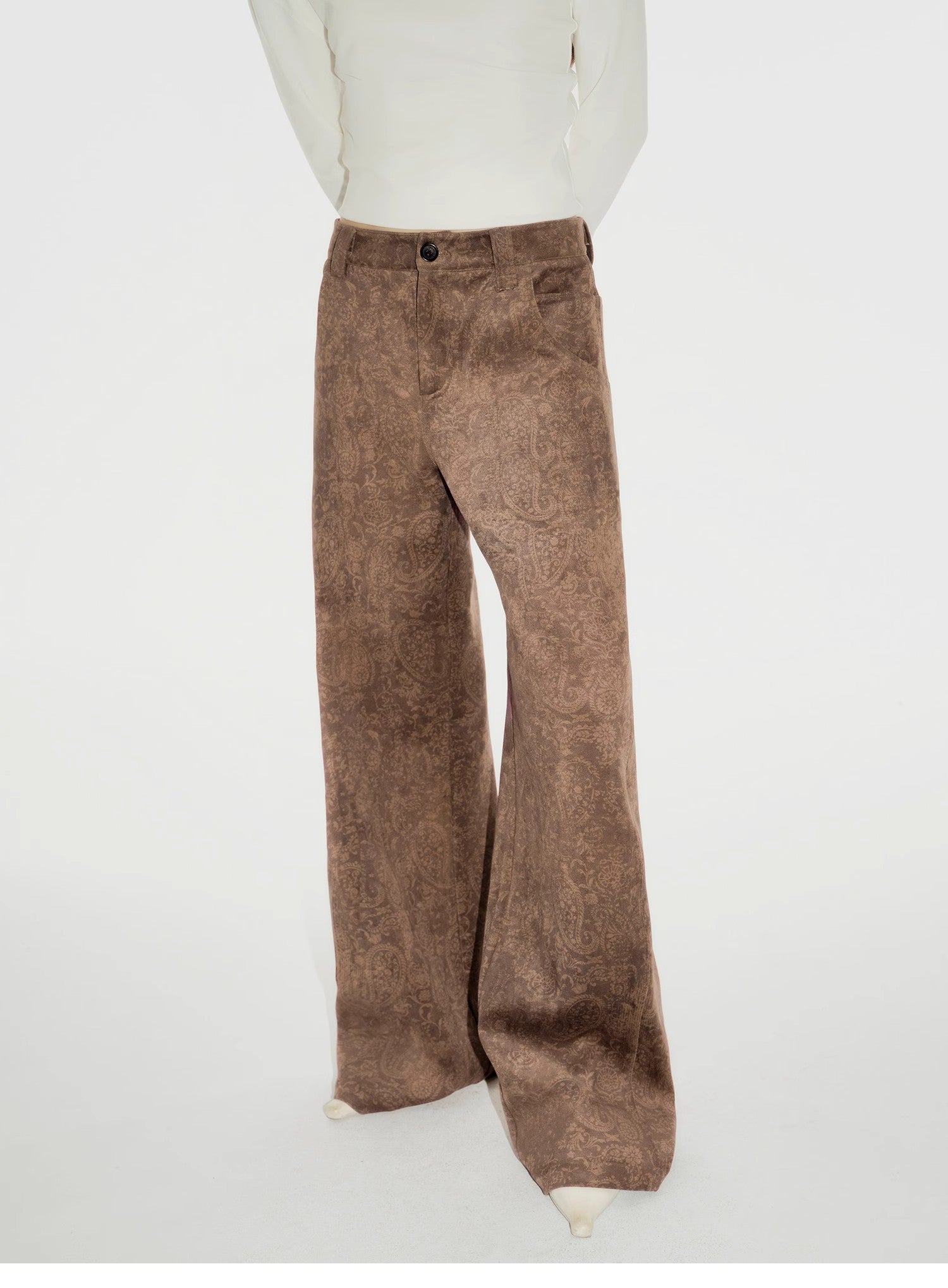 "Vintage Walk" Retro nostalgic chenille suede mid-rise cashew smudge print scimitar pants