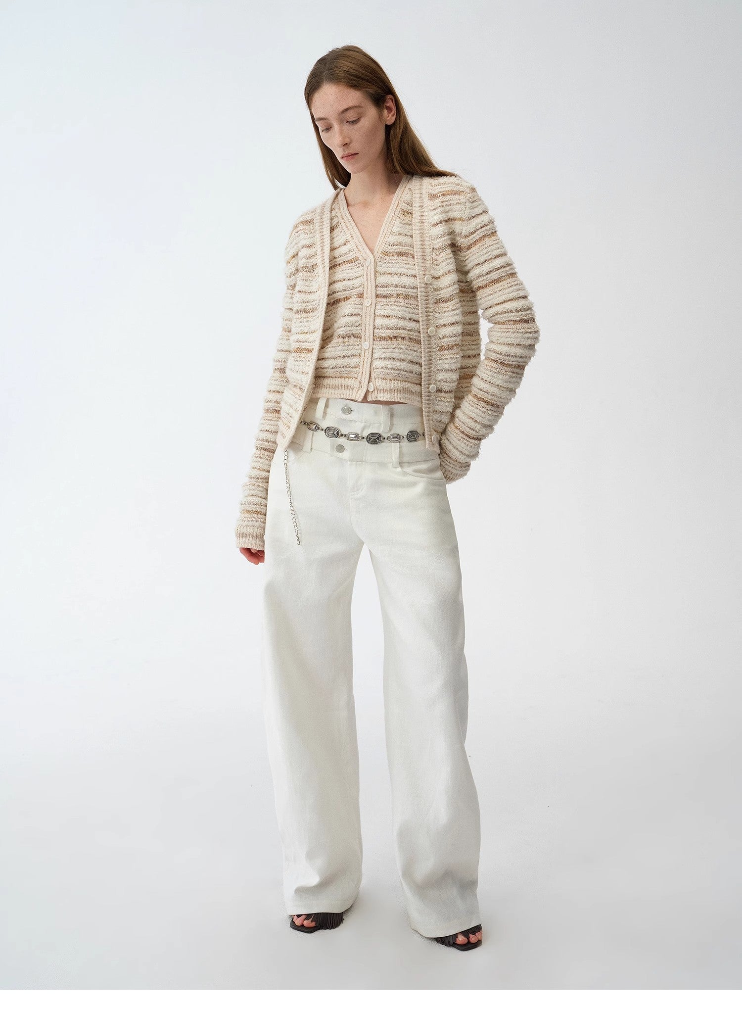 "Nice Weekend" striped mixed woven V-neck early spring layered knitted cardigan top