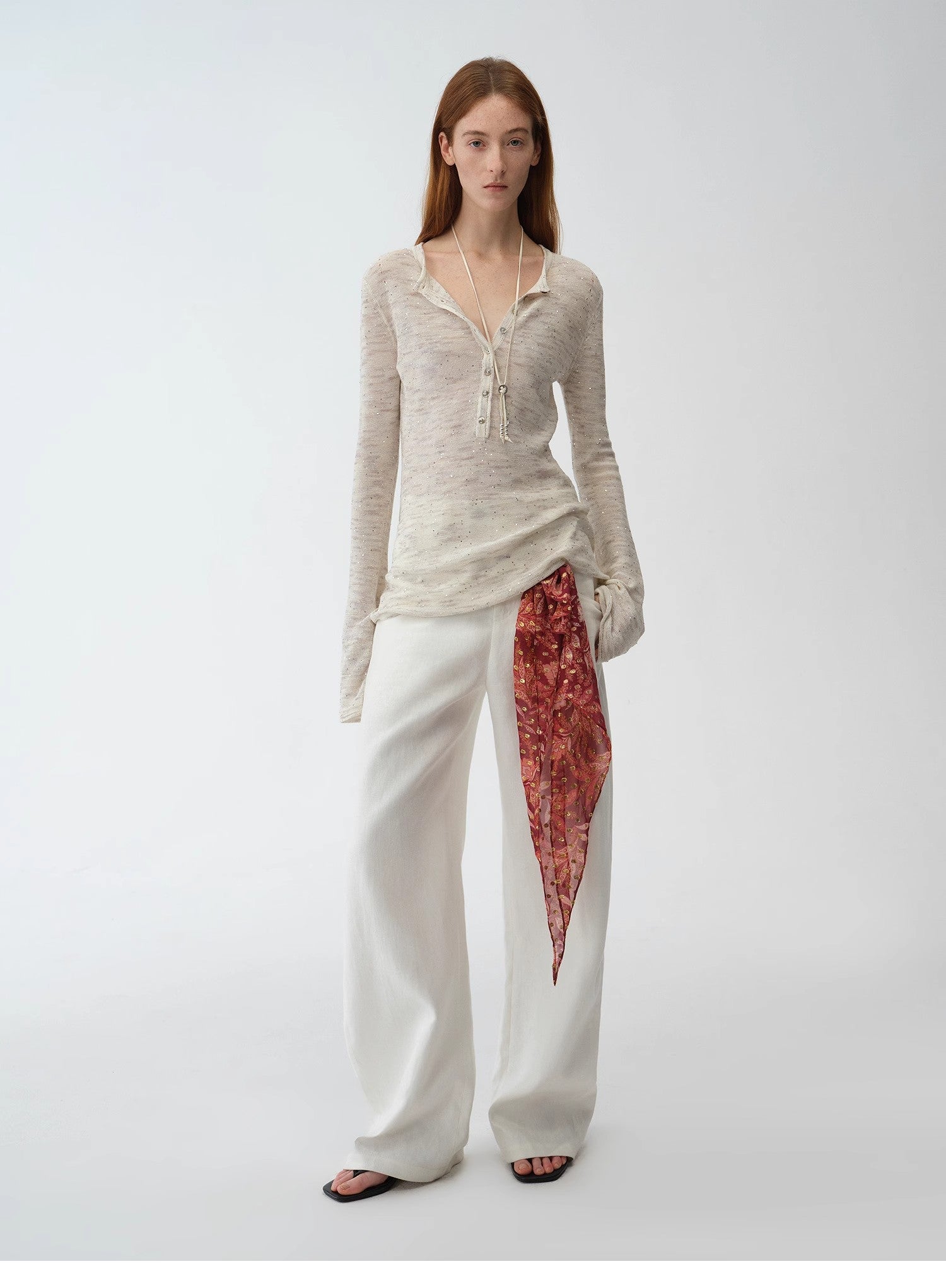 "Perry Moonlight" fashionable cotton and linen beaded fancy yarn waisted bell sleeves round neck cardigan knitted top