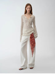 "Perry Moonlight" fashionable cotton and linen beaded fancy yarn waisted bell sleeves round neck cardigan knitted top