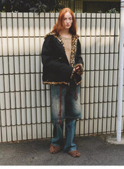 "Leopard Fantasy" Leopard Spot Print Reversible Drop Shoulder Hooded Custom Rabbit Fur Coat