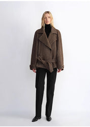 "Warm Cocoon" Italian Herringbone Wool Classic Lapel Micro-coon Short Wool Coat for Women