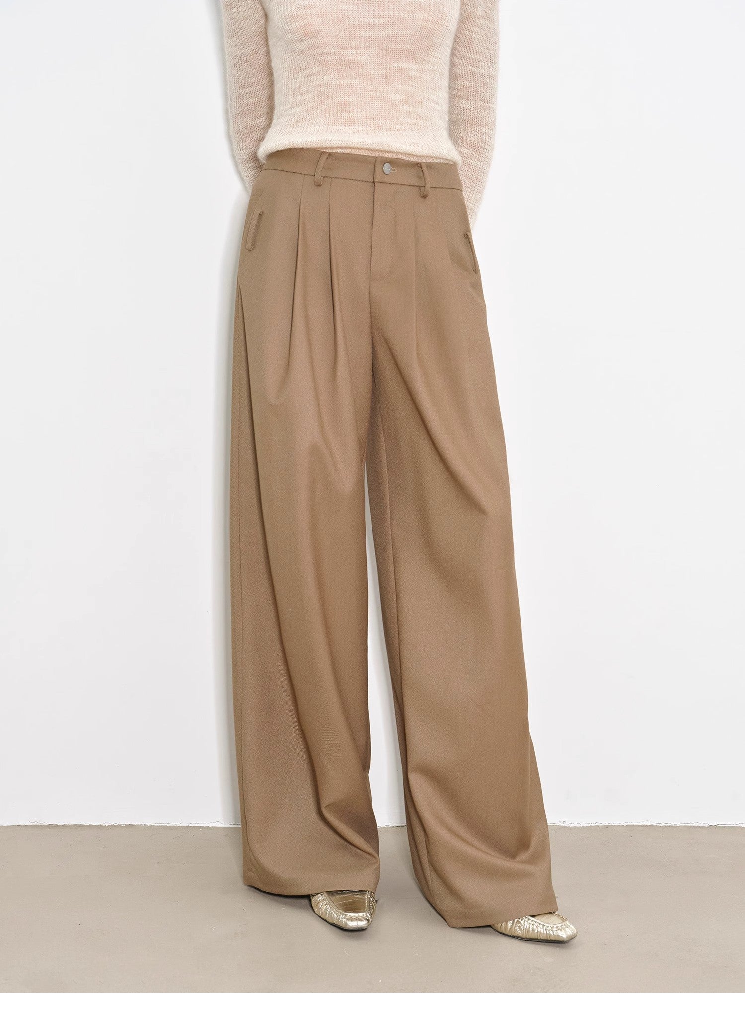 "Workplace Ladies" Fashionable drapey single pleat skinny wide-leg mid-low waist casual pants for women