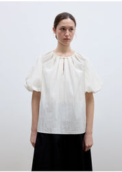 "Iceland Diary" neckline pleated design round neck tie puff sleeve short sleeve shirt for women