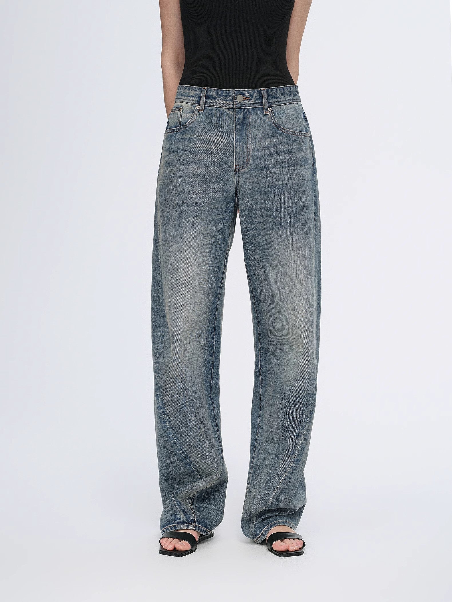 Vintage heavy cotton polyester blended washed comfortable slim front curved jeans