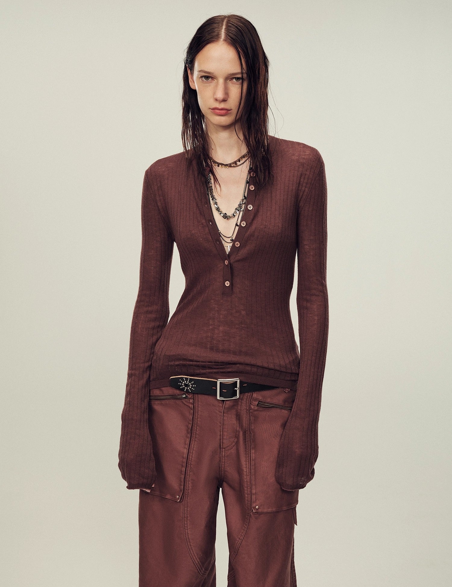 Ultrafine water-soluble wool blended versatile V-neck cardigan long-sleeved knitted top "Warm Brown Quiet Autumn"