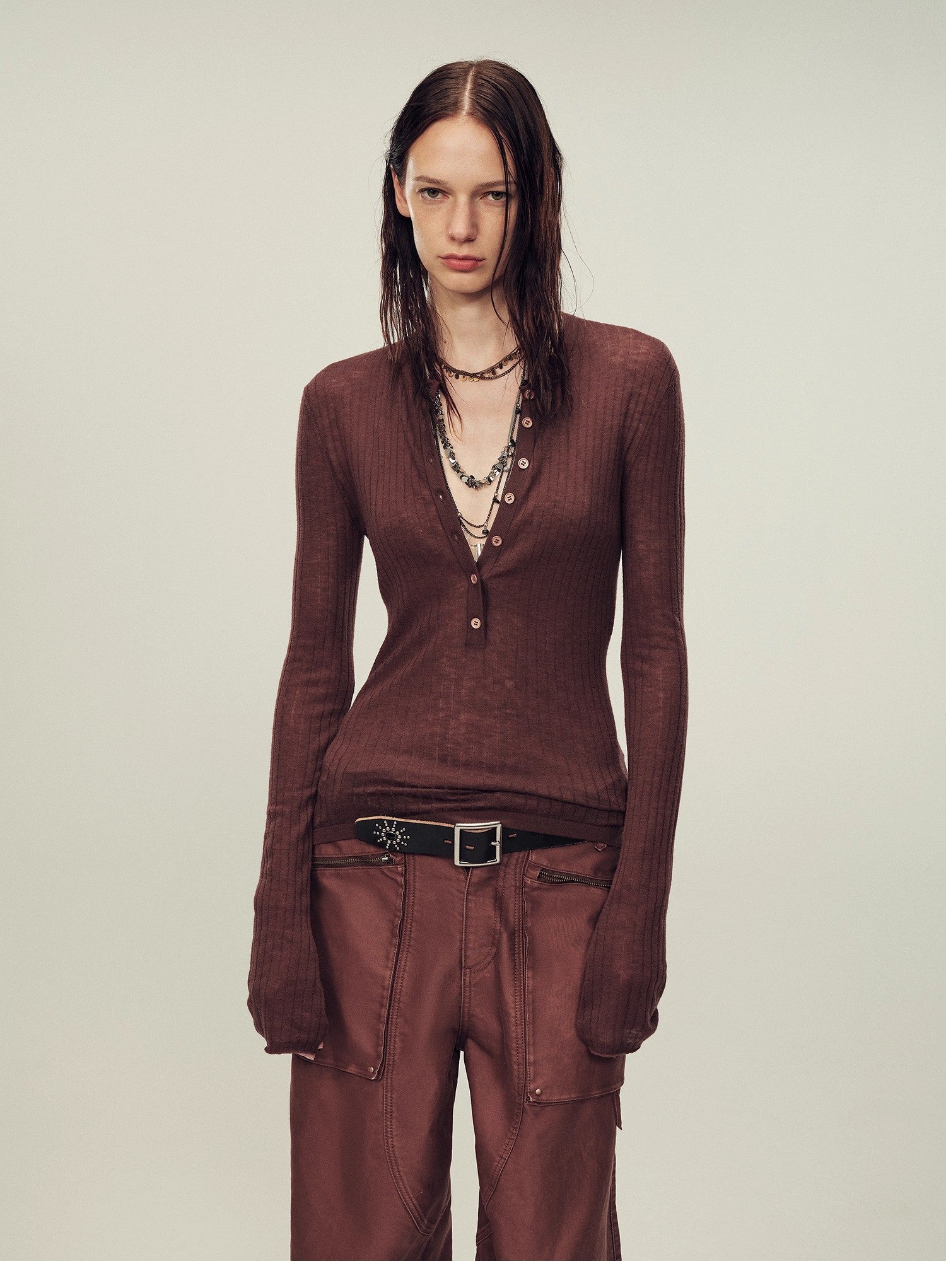 Ultrafine water-soluble wool blended versatile V-neck cardigan long-sleeved knitted top "Warm Brown Quiet Autumn"