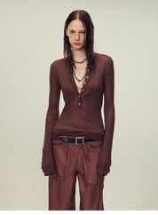 Ultrafine water-soluble wool blended versatile V-neck cardigan long-sleeved knitted top "Warm Brown Quiet Autumn"