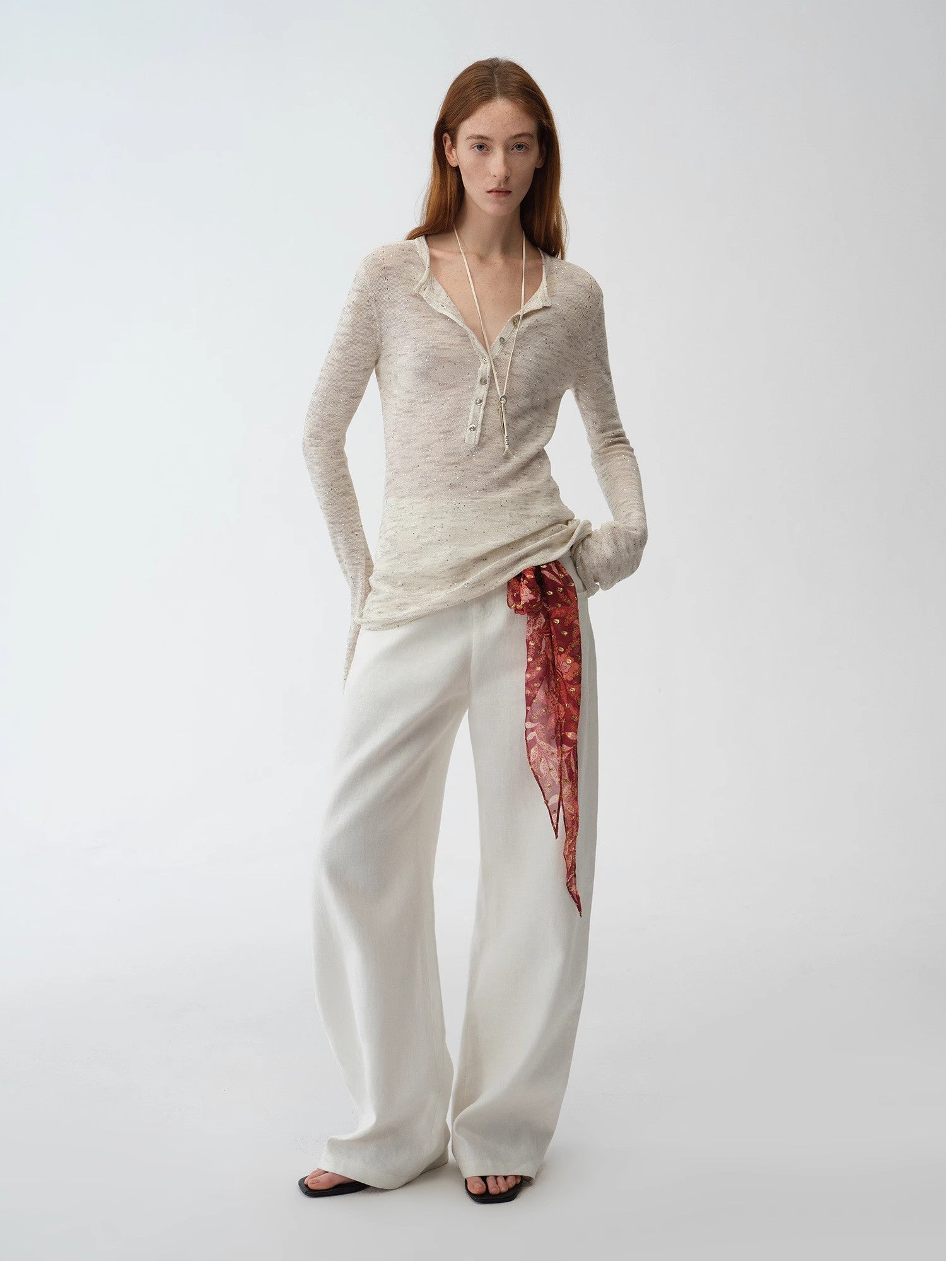 "Perry Moonlight" fashionable cotton and linen beaded fancy yarn waisted bell sleeves round neck cardigan knitted top