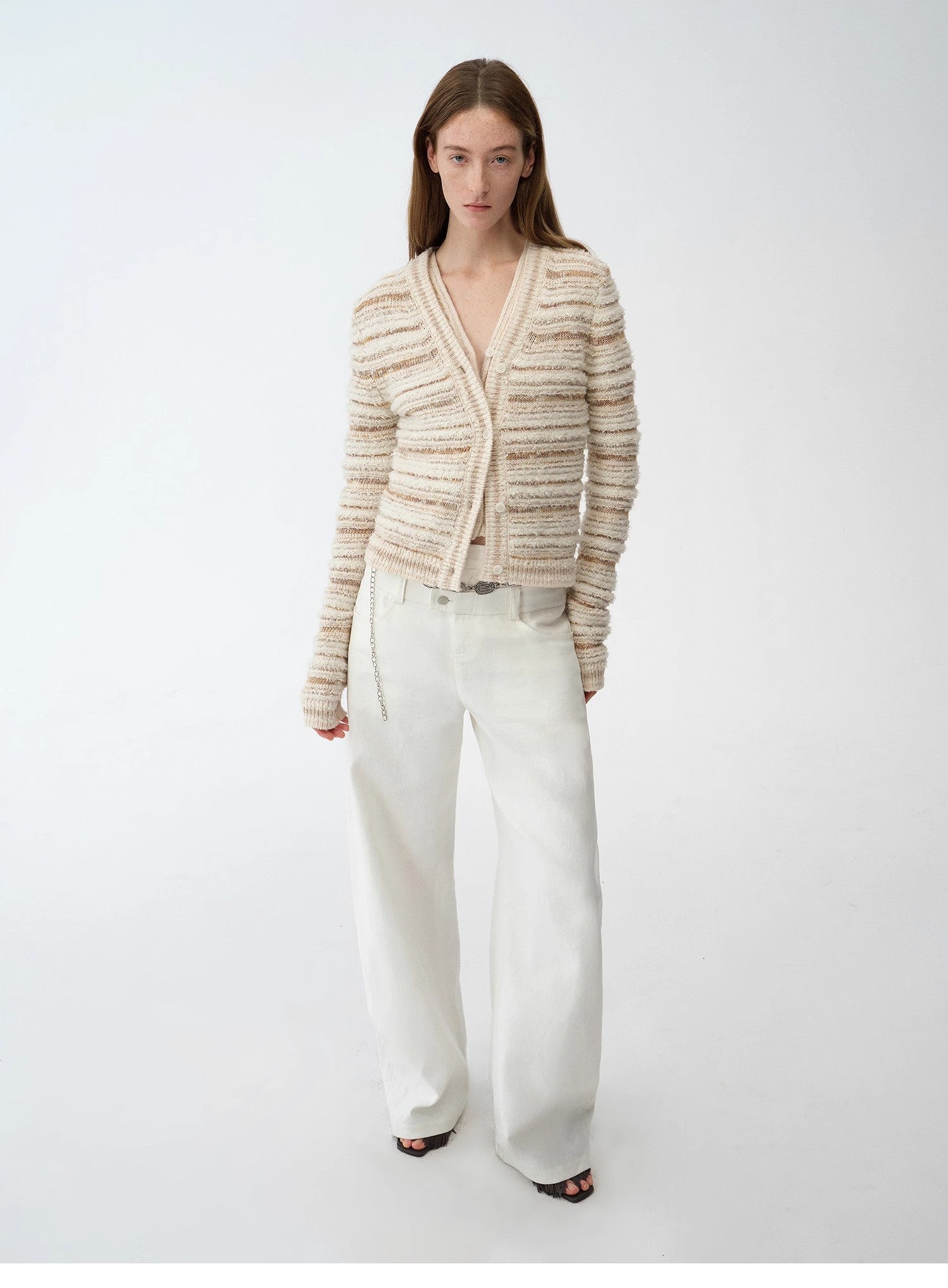 "Nice Weekend" striped mixed woven V-neck early spring layered knitted cardigan top