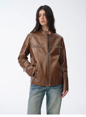 New Zealand imported waxed sheepskin/cowhide vintage motorcycle leather jacket "Manhattan Dark Night"