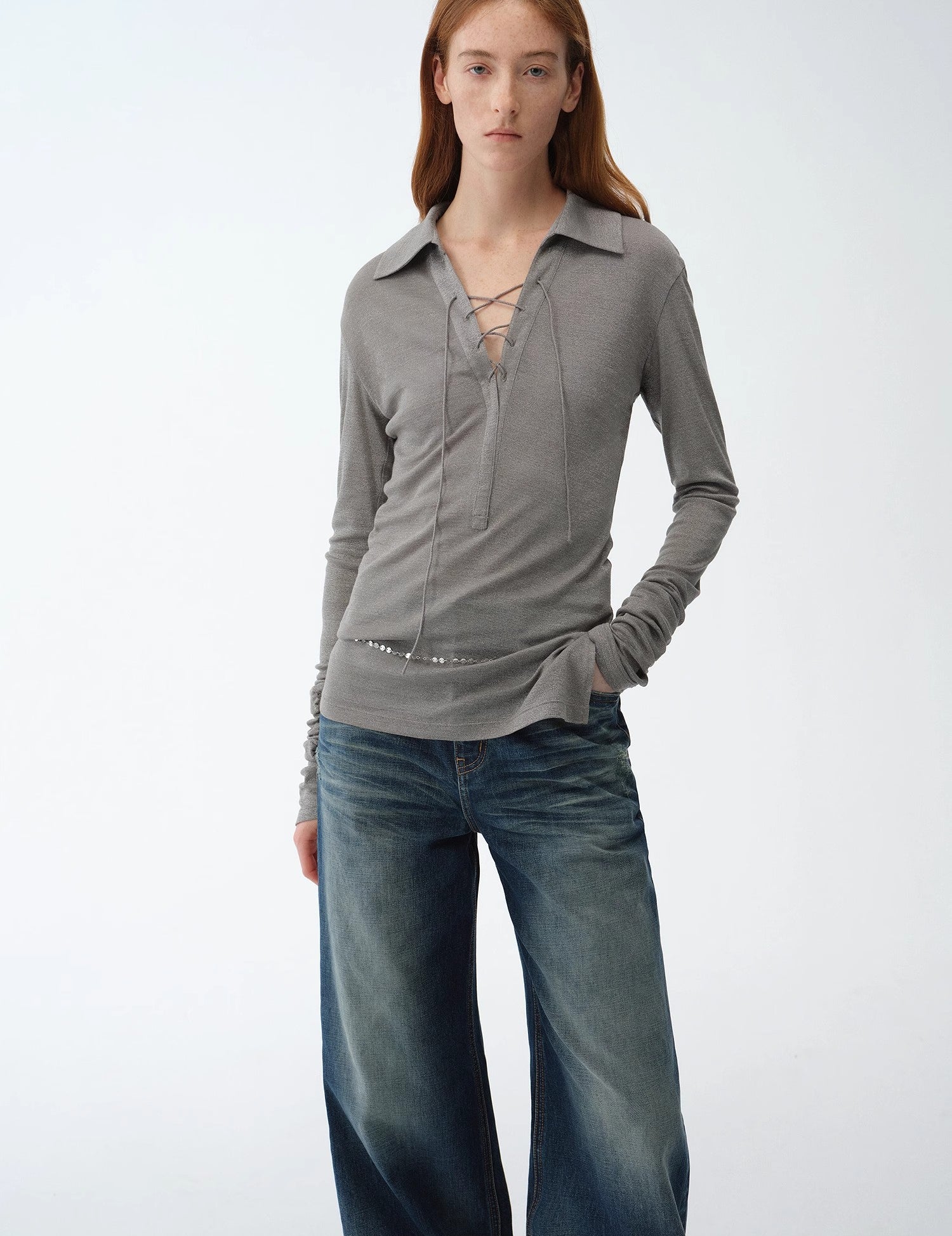 Light luxury silver silk knitted slightly transparent tie lapel slim drape long sleeve knitted top"Eiffel"