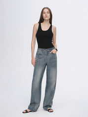 Vintage heavy cotton polyester blended washed comfortable slim front curved jeans