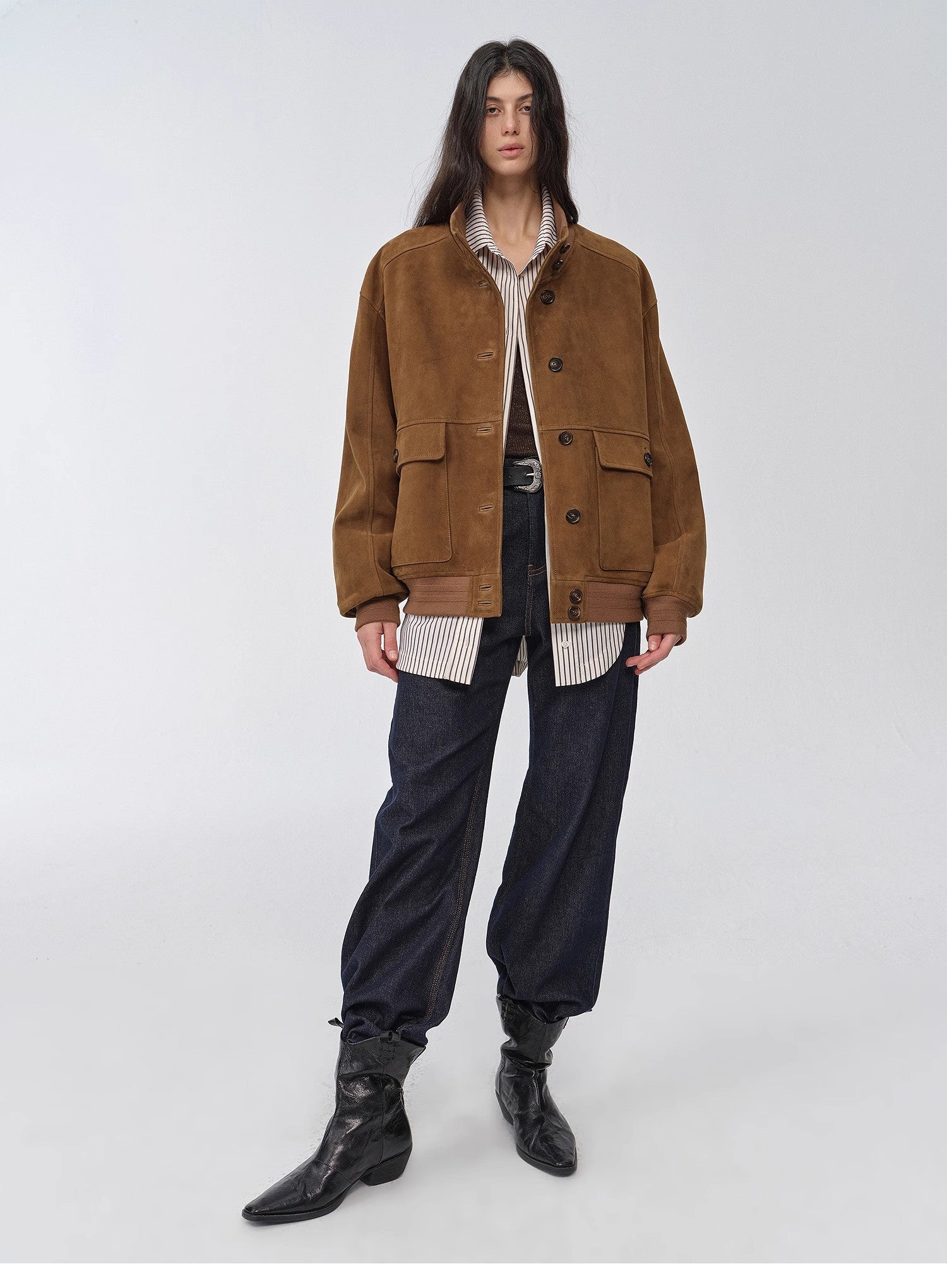 Vintage imported suede sheepskin leather ribbed patchwork jacket "Spring Whisper"
