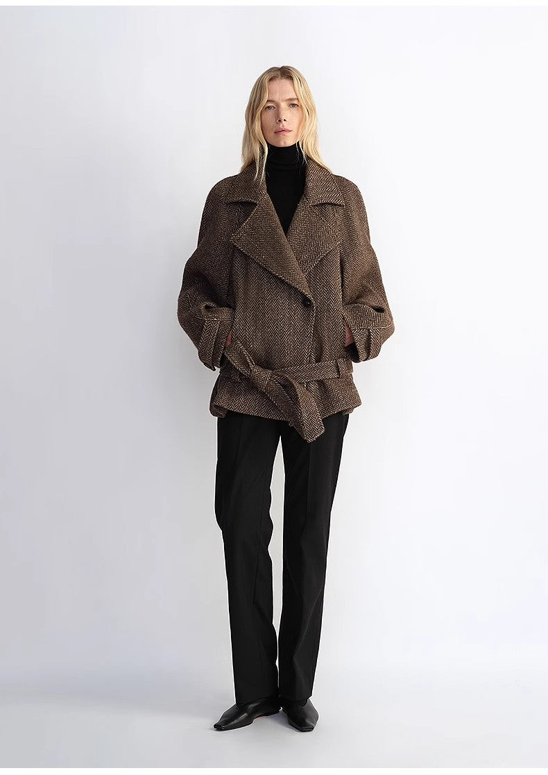 "Warm Cocoon" Italian Herringbone Wool Classic Lapel Micro-coon Short Wool Coat for Women