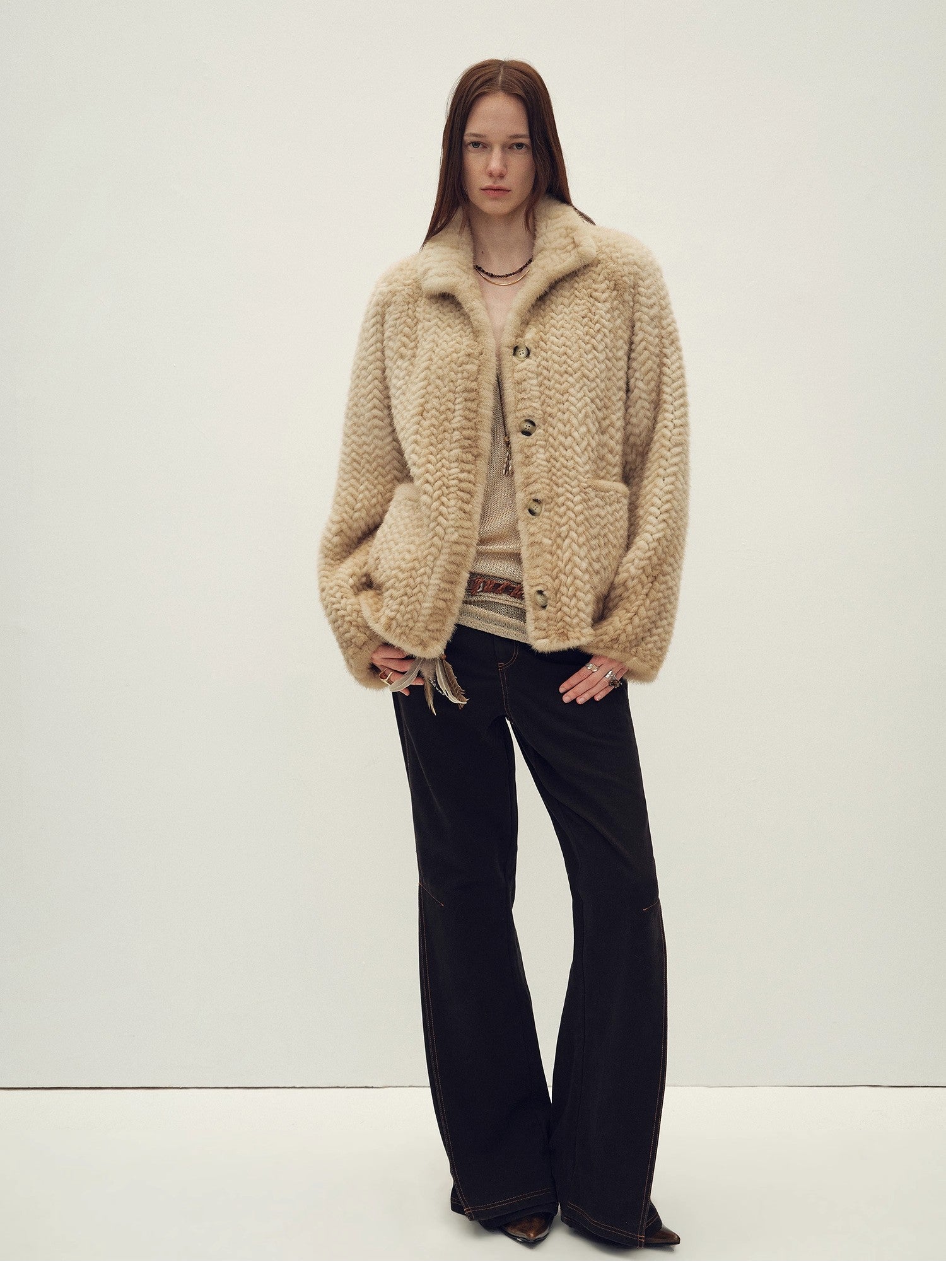 Imported velvet stand-up lapel hand-woven mink fur coat "Hokkaido Dreamweaver"