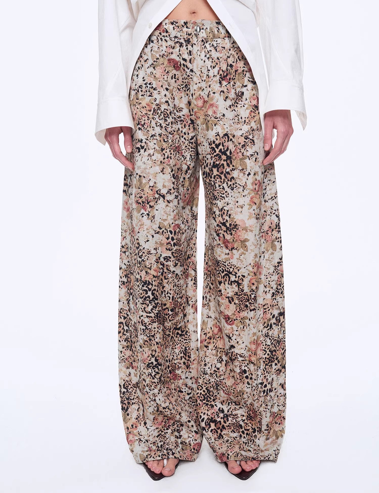 Vintage Print Linen Blend Cut Scimitar Wide Leg Casual Pants"Slow Paris"