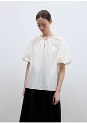 "Iceland Diary" neckline pleated design round neck tie puff sleeve short sleeve shirt for women