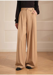 Merino wool blended double pleated wide-leg pants for women, versatile, drapey and comfortable casual trousers