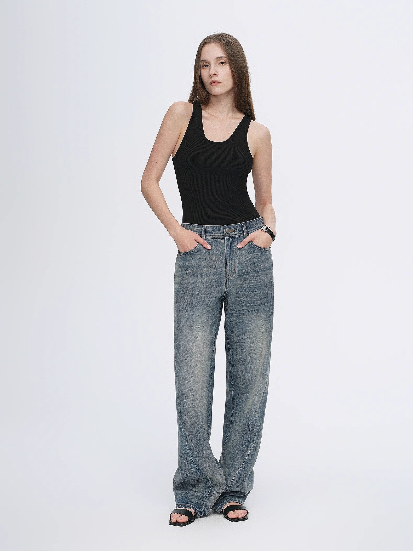 Vintage heavy cotton polyester blended washed comfortable slim front curved jeans