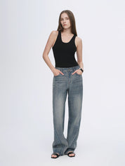 Vintage heavy cotton polyester blended washed comfortable slim front curved jeans