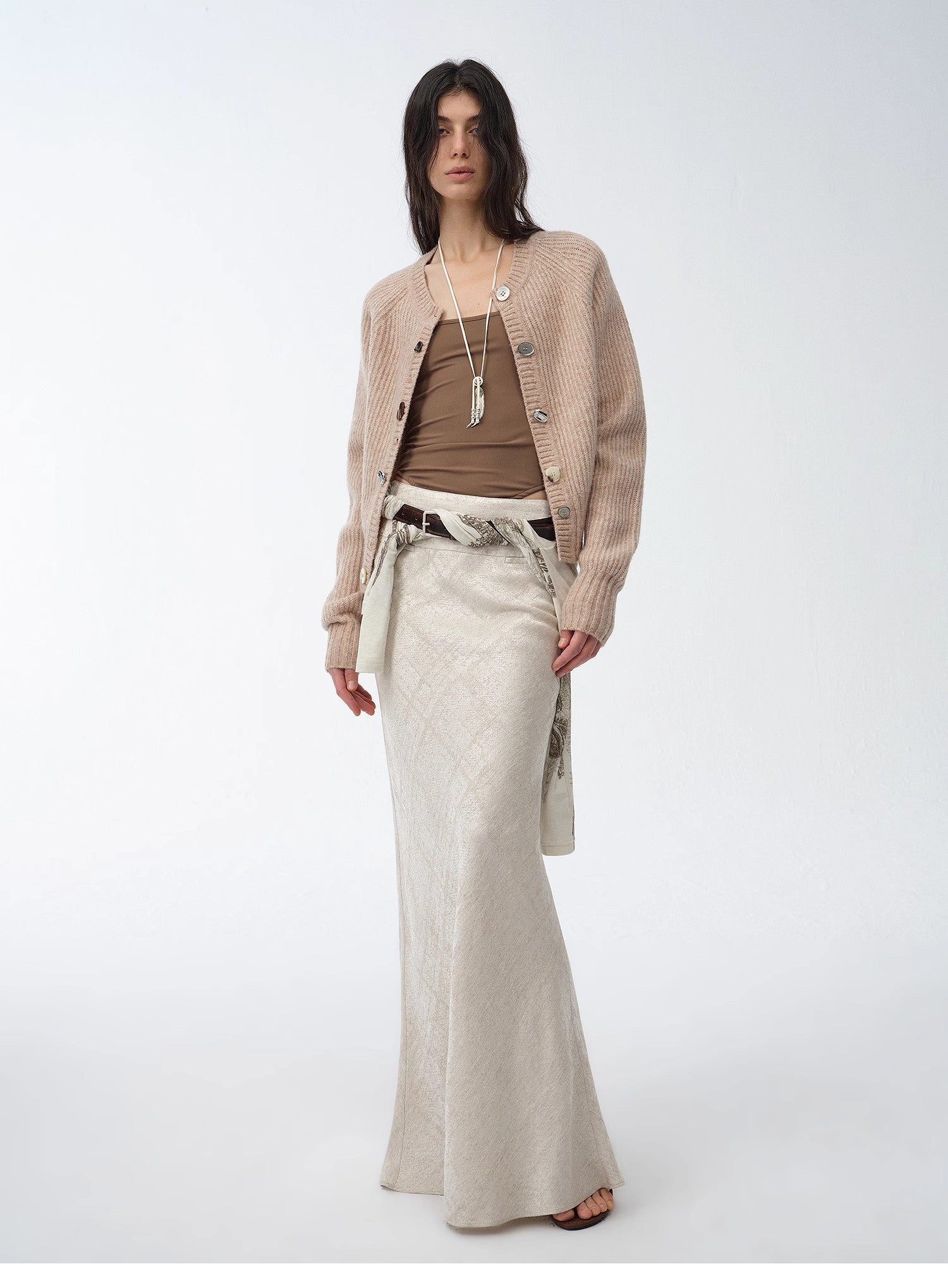 "Light and breezy" retro bias-cut linen blended straight fishtail maxi skirt