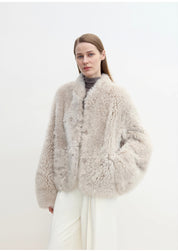 "Yorta" imported Tuscan curly wool upper arc collar sheepskin coat