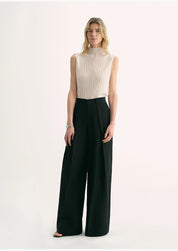 Silk Linen Pleated Wide Leg A-Line Trousers Casual Pants