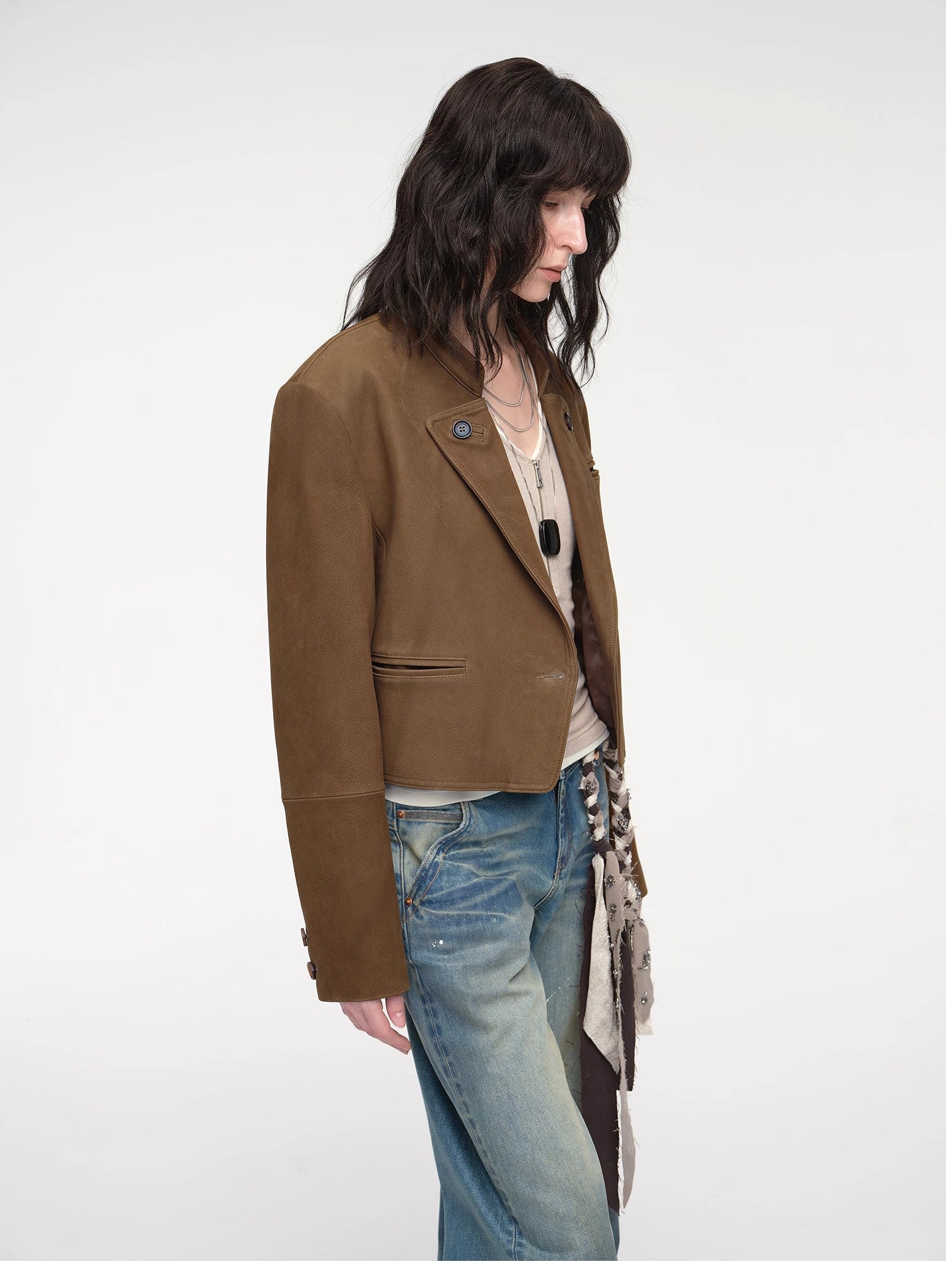 "Roman Story" Stand Collar Suit Sheepskin Leather Short Jacket