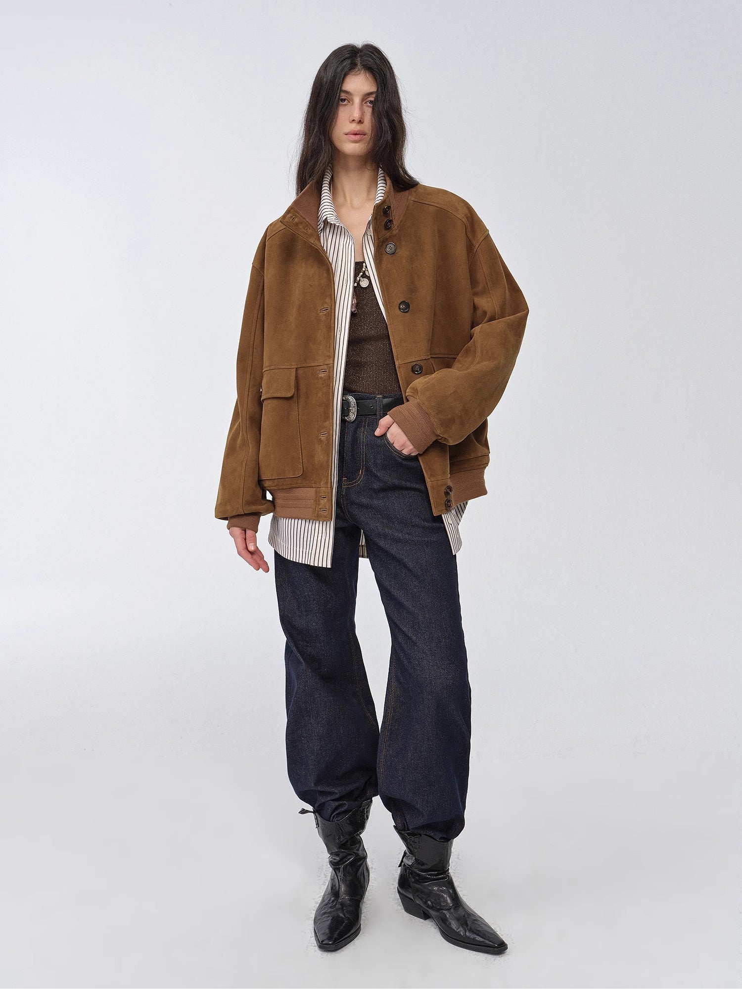 Vintage imported suede sheepskin leather ribbed patchwork jacket "Spring Whisper"