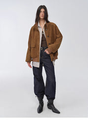 Vintage imported suede sheepskin leather ribbed patchwork jacket "Spring Whisper"