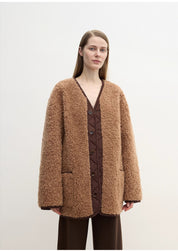 "Freke"Premium Wool V-Neck Drop Shoulder Reversible Vintage-Inspired Fur Coat