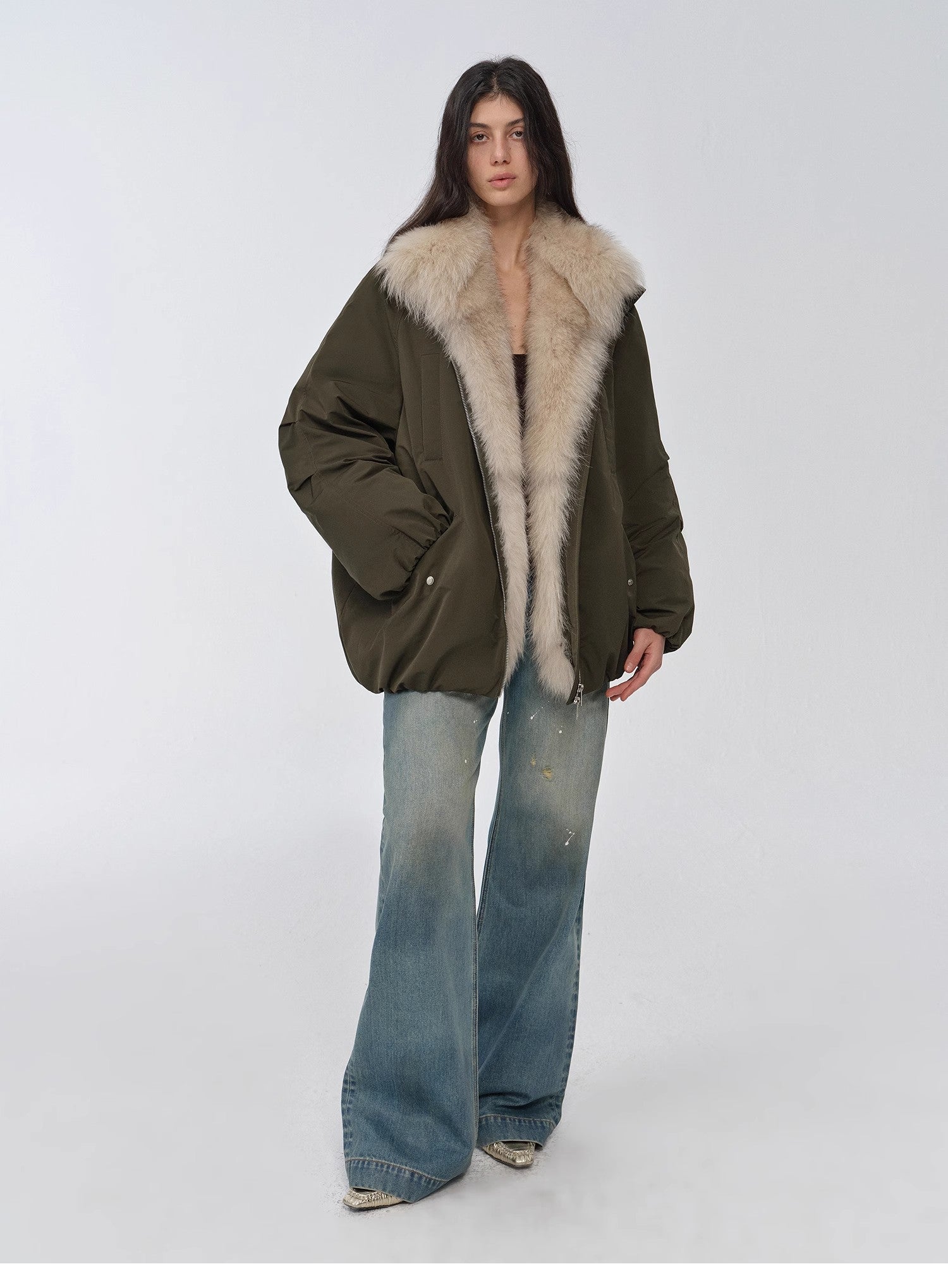 "Warm Dialogue" Two-tone fox fur collar detachable 90 goose down jacket mid-length down parka