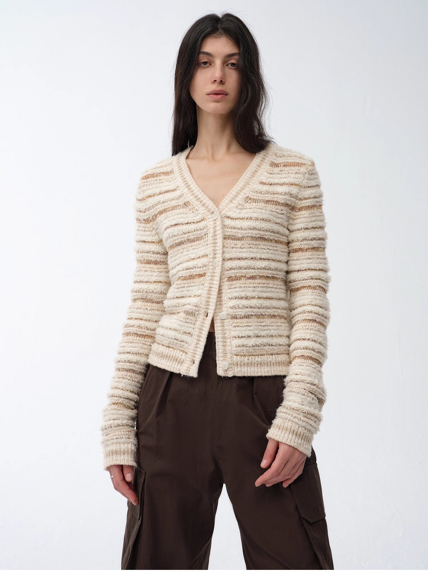 "Nice Weekend" striped mixed woven V-neck early spring layered knitted cardigan top