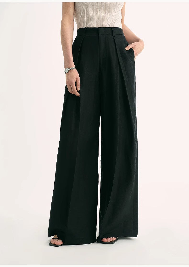 Silk Linen Pleated Wide Leg A-Line Trousers Casual Pants