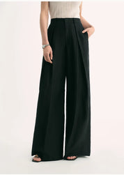 Silk Linen Pleated Wide Leg A-Line Trousers Casual Pants