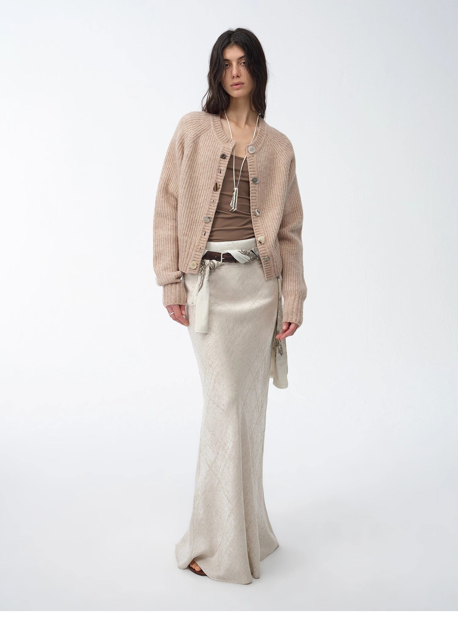 "Light and breezy" retro bias-cut linen blended straight fishtail maxi skirt