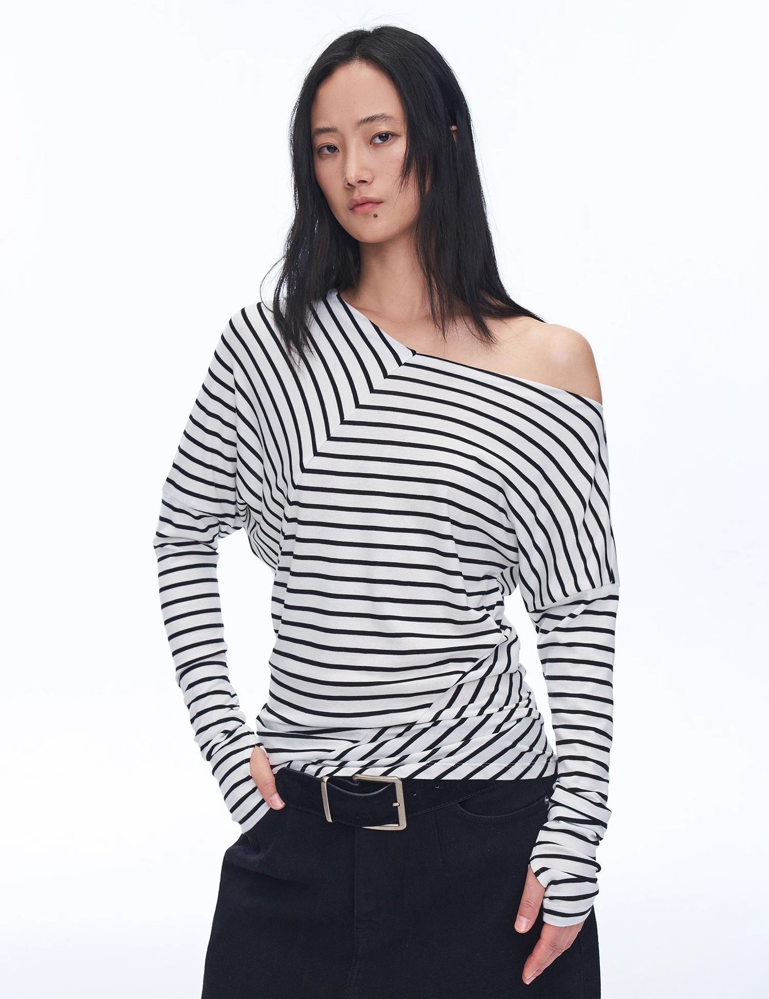 Fashionable off-shoulder Lyocell Tencel wool blended draped patchwork striped T-shirt"Picasso Lines"