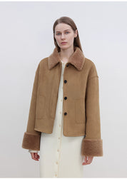 Slightly Sweet Latte Furry Lapel Casual Straight Shearling Jacket