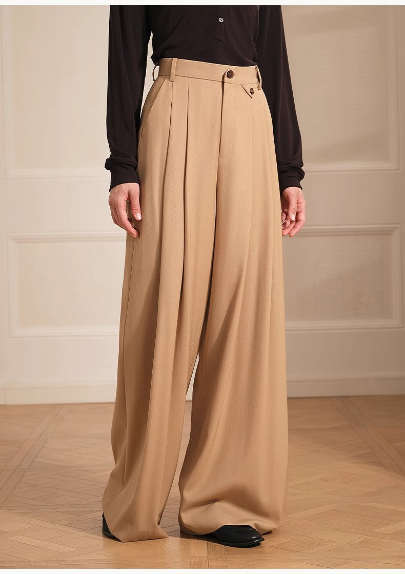 Merino wool blended double pleated wide-leg pants for women, versatile, drapey and comfortable casual trousers