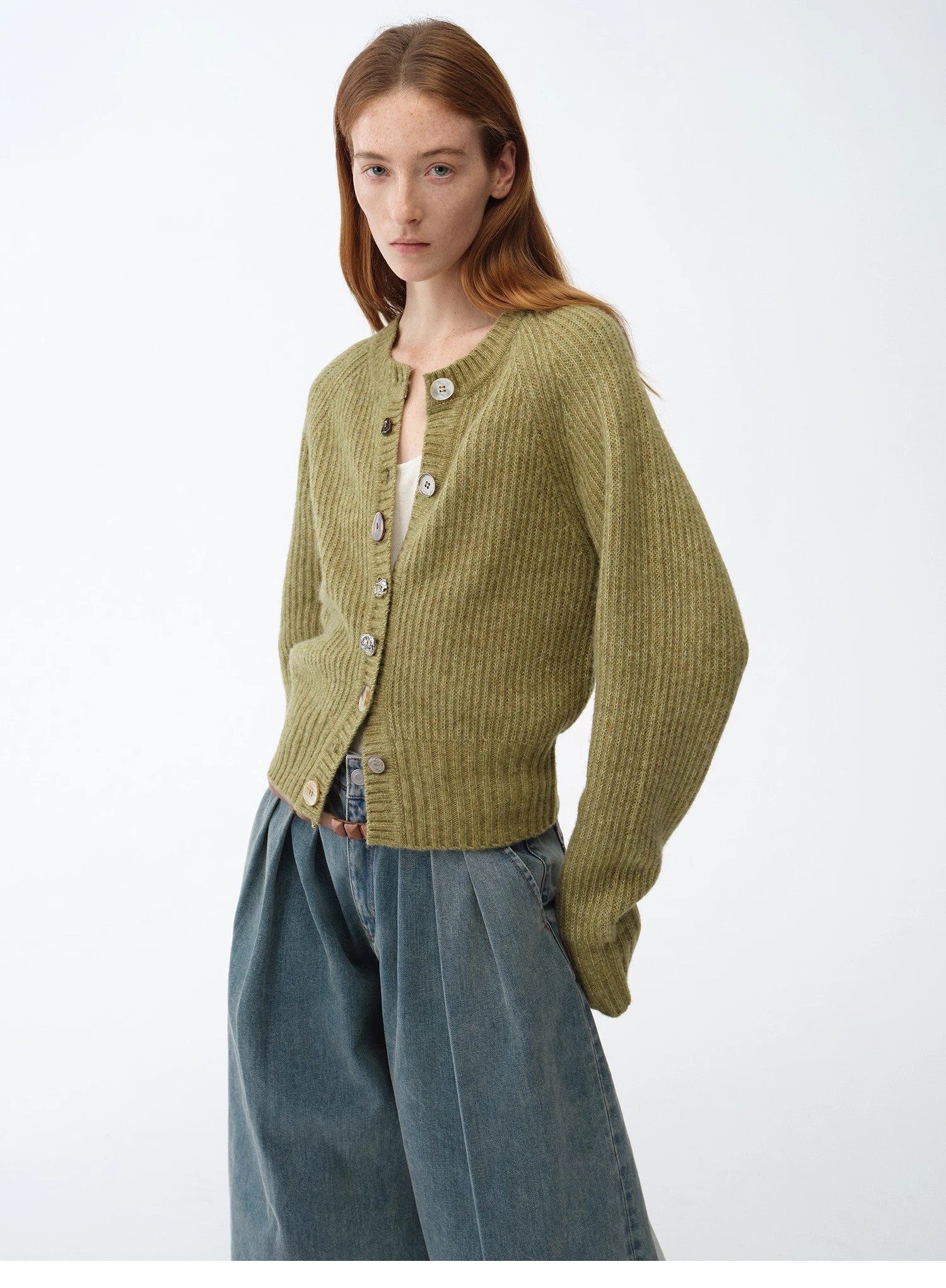 "Hokkaido Weaving Love" wool blend crew neck cardigan top