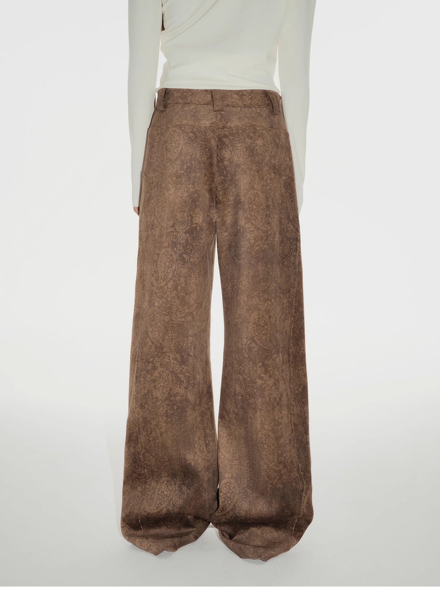 "Vintage Walk" Retro nostalgic chenille suede mid-rise cashew smudge print scimitar pants