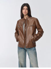 New Zealand imported waxed sheepskin/cowhide vintage motorcycle leather jacket "Manhattan Dark Night"