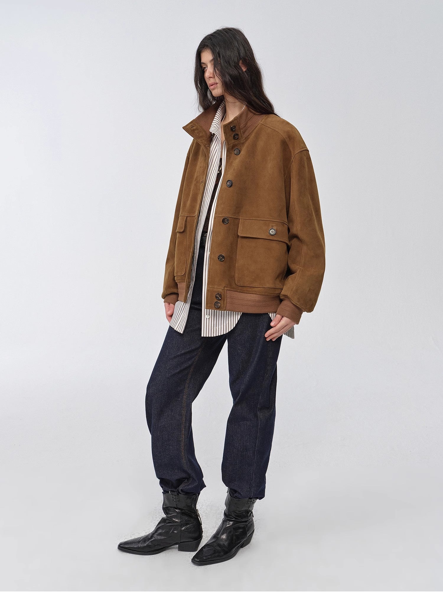 Vintage imported suede sheepskin leather ribbed patchwork jacket "Spring Whisper"